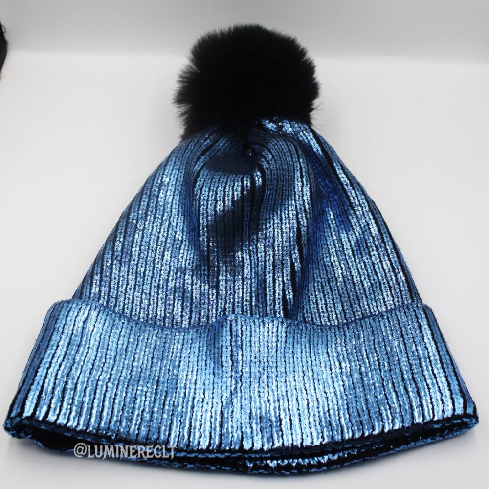 Sky Blue Baby blue metallic beanie with pom pom